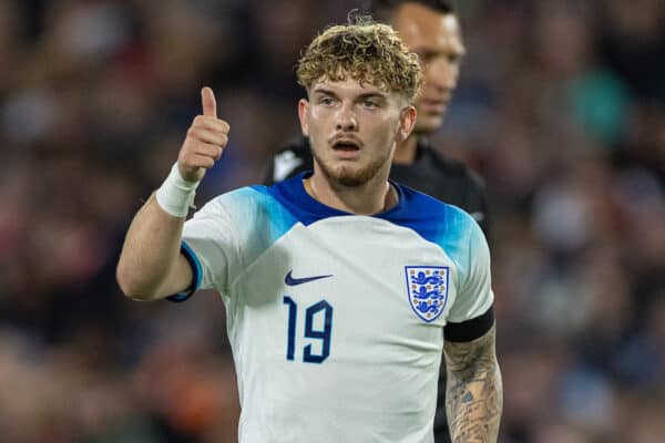 NOTTINGHAM, ENGLAND - Thursday, October 12, 2023: England's Harvey Elliott during the 2025 UEFA European Under-21 Championship Qualifying Group F game between England and Serbia at the City Ground. England won 9-1. (Photo by David Rawcliffe/Propaganda)