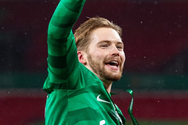 LONDON, ENGLAND - Sunday, February 25, 2024: Liverpool's goalkeeper Caoimhin Kelleher (L) and Conor Bradley celebrate after the Football League Cup Final match between Chelsea FC and Liverpool FC at Wembley Stadium. (Photo by Peter Powell/Propaganda)