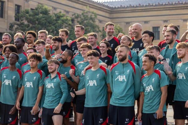 PHILADELPHIA - Monday, July 29, 2024: The Liverpool squad visit the 'Rocky Steps' at the Philadelphia Museum of Art on day six of the club's pre-season tour of the USA. The 72 stone steps leading to the museum gained global fame after being featured in a notable scene from the 1976 film Rocky. (Photo by David Rawcliffe/Propaganda)