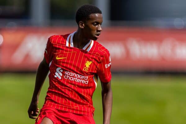 KIRKBY, ENGLAND - Saturday, August 24, 2024: Liverpool's Trey Nyoni during the Premier League 2 Division 1 match between Liverpool FC Under-21's and Leicester City FC Under-21's at the Liverpool Academy. Leicester won 2-1. (Photo by David Rawcliffe/Propaganda)