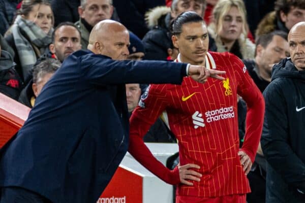 LIVERPOOL, ENGLAND - Sunday, December 1, 2024: Liverpool's head coach Arne Slot prepares to bring on substitute Darwin Núñez during the FA Premier League match between Liverpool FC and Manchester City FC at Anfield. Liverpool won 2-0. (Photo by David Rawcliffe/Propaganda)