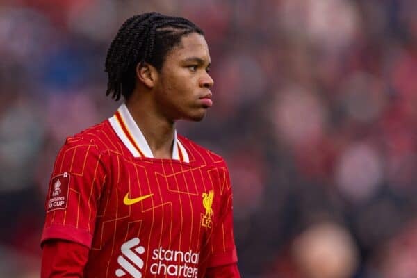LIVERPOOL, ENGLAND - Saturday, January 11, 2025: Liverpool's Rio Ngumoha during the FA Cup 3rd Round match between Liverpool FC and Accrington Stanley FC at Anfield. Liverpool won 4-0. (Photo by David Rawcliffe/Propaganda)