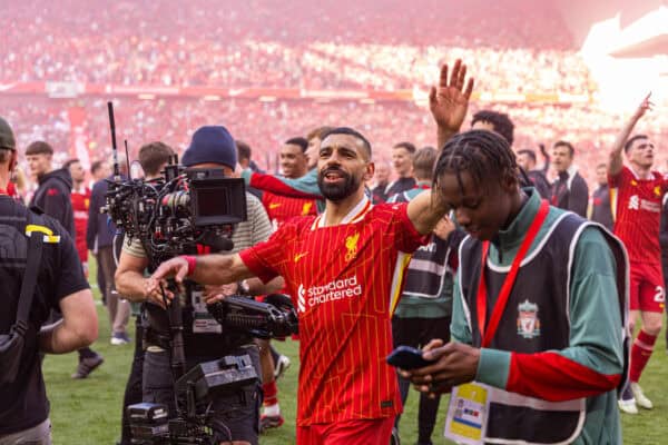 LIVERPOOL, ENGLAND - Sunday, April 27, 2025: Liverpool's Mohamed Salah celebrates after the FA Premier League match between Liverpool FC and Tottenham Hotspur FC at Anfield. Liverpool won 5-1 and became League Champions. (Photo by David Rawcliffe/Propaganda)