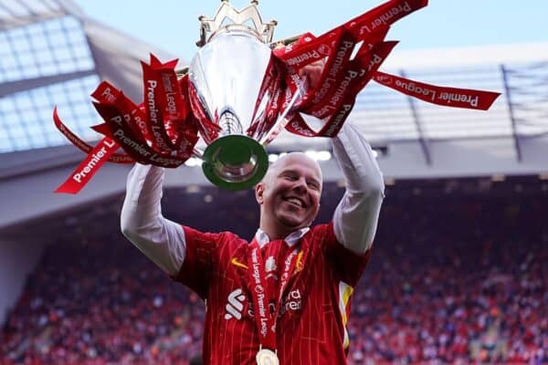 3BDPN6E Liverpool manager Arne Slot celebrates with the Premier League trophy after the Premier League match at Anfield, Liverpool. Picture date: Sunday May 25, 2025.