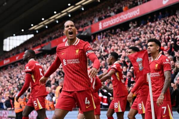 Virgil van Dijk of Liverpool celebrates scoring his team's second goal during the Premier League match between Liverpool FC and West Ham United FC at Anfield on April 13, 2025 in Liverpool, England. (Photo by Liverpool FC/Liverpool FC via Getty Images)