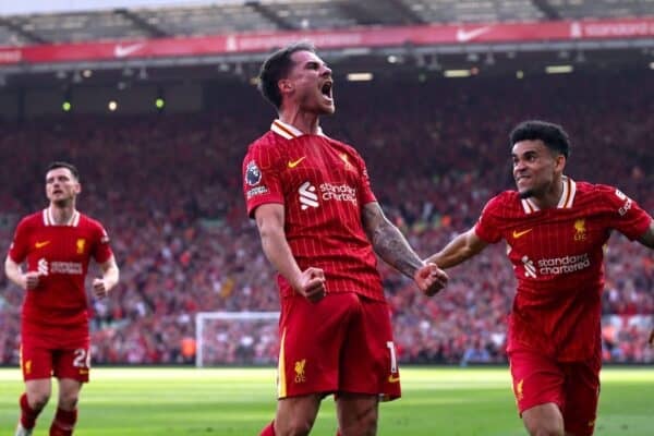 Alexis Mac Allister of Liverpool celebrates scoring his team's first goal during the Premier League match between Liverpool FC and Tottenham Hotspur FC at Anfield on April 27, 2025 in Liverpool, England. (Photo by Liverpool FC/Liverpool FC via Getty Images)