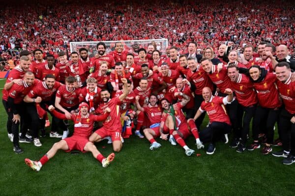 Players of Liverpool pose for a photo as they celebrate the teams victory and confirmation of winning the Premier League title after the Premier League match between Liverpool FC and Tottenham Hotspur FC at Anfield on April 27, 2025 in Liverpool, England. (Photo by Liverpool FC/Liverpool FC via Getty Images)