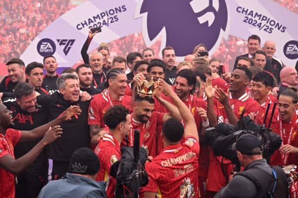 LIVERPOOL, ENGLAND - MAY 25: (THE SUN OUT. THE SUN ON SUNDAY OUT) Mohamed Salah of Liverpool has the crown from the Premier League trophy placed on his head, as players  celebrate as Liverpool are crowned the Champions of the Premier League for the 2024/25 Season following the Premier League match between Liverpool FC and Crystal Palace FC at Anfield on May 25, 2025 in Liverpool, England. (Photo by Liverpool FC/Liverpool FC via Getty Images)