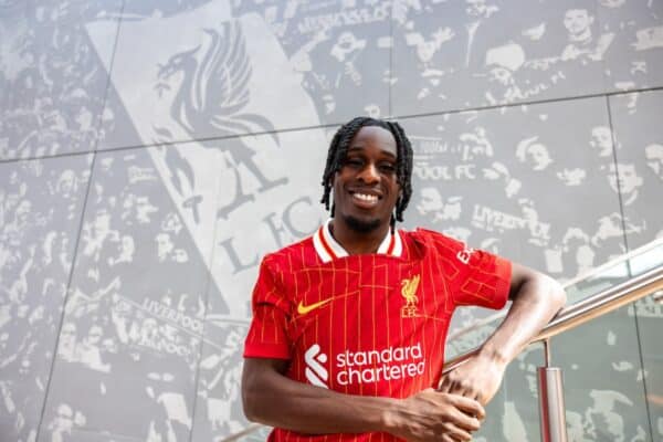KIRKBY, ENGLAND - MAY 30: Jeremie Frimpong new signing of Liverpool at AXA Training Centre on May 30, 2025 in Kirkby, England. (Photo by Nikki Dyer - LFC/Liverpool FC via Getty Images)
