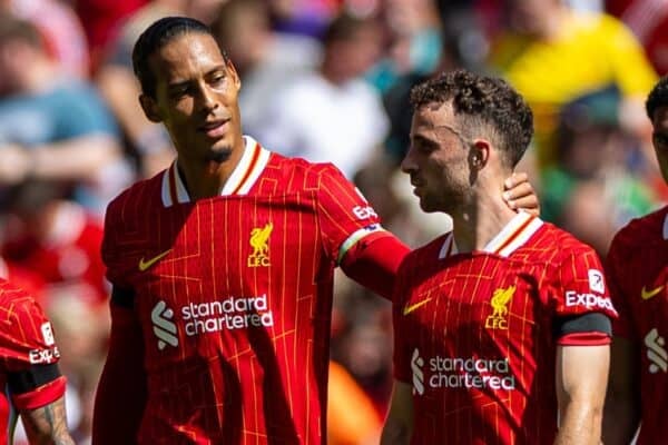 LIVERPOOL, ENGLAND - Sunday, August 11, 2024: Liverpool's Diogo Jota (R) celebrates with team-mate captain Virgil van Dijk after scoring the first goal during a pre-season friendly match between Liverpool FC and Sevilla FC at Anfield. (Photo by David Rawcliffe/Propaganda)