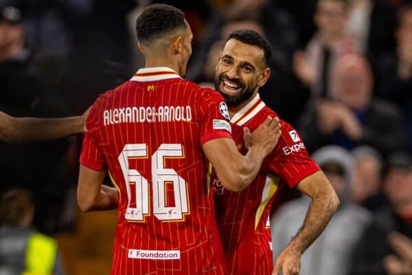 LIVERPOOL, ENGLAND - Wednesday, October 2, 2024: Liverpool's Mohamed Salah celebrates with Trent Alexander-Arnold after scoring the second goal during the UEFA Champions League game between Liverpool FC and Bologna FC 1909 at Anfield. (Photo by David Rawcliffe/Propaganda)