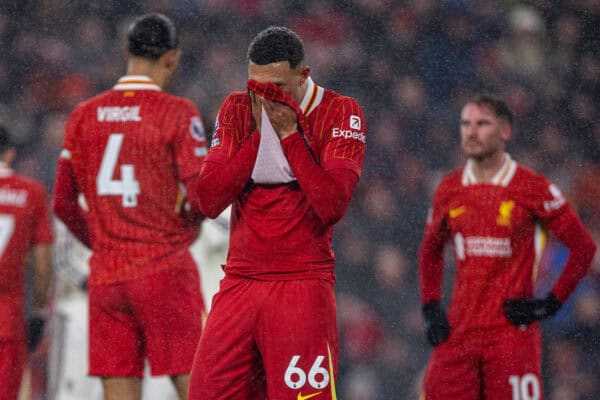 LIVERPOOL, ENGLAND - Sunday, January 5, 2025: Liverpool's Trent Alexander-Arnold during the FA Premier League match between Liverpool FC and Manchester United FC at Anfield. (Photo by David Rawcliffe/Propaganda)