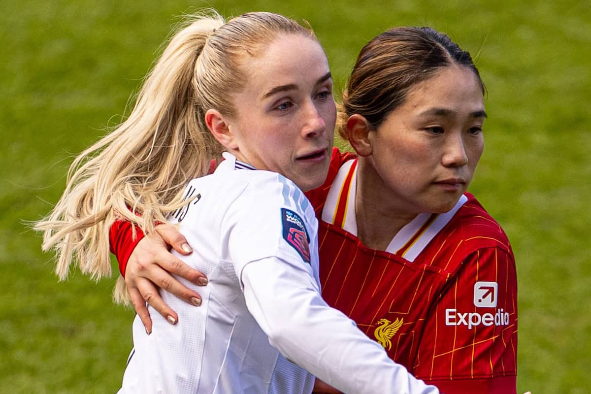 ST HELENS, ENGLAND - Sunday, March 30, 2025: Aston Villa's Missy Bo Kearns (L) and Liverpool's F?ka Nagano during the FA Women’s Super League match between Liverpool FC Women and Aston Villa FC Women at the St Helens Stadium. (Photo by David Rawcliffe/Propaganda)