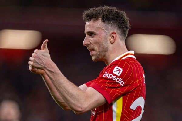 LIVERPOOL, ENGLAND - Wednesday, April 2, 2025: Liverpool's Diogo Jota during the FA Premier League match between Liverpool FC and Everton FC, the 246th Merseyside Derby, at Anfield. (Photo by David Rawcliffe/Propaganda)