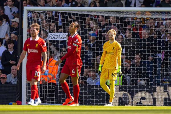 LONDON, ENGLAND - Sunday, April 6, 2025: Liverpool's goalkeeper Caoimhin Kelleher reacts as Fulham score an equalising goal during the FA Premier League match between Fulham FC and Liverpool FC at Craven Cottage. (Photo by David Rawcliffe/Propaganda)