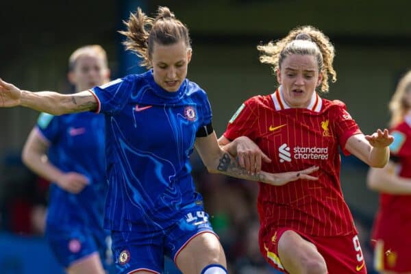LONDON, ENGLAND - Saturday, April 12, 2025: Chelsea's Nathalie Björn (L) is challenged by Liverpool's Leanne Kiernan during the FA Women’s FA Cup Semi-Final match between Chelsea FC Women and Liverpool FC Women at Kingsmeadow. (Photo by David Rawcliffe/Propaganda)