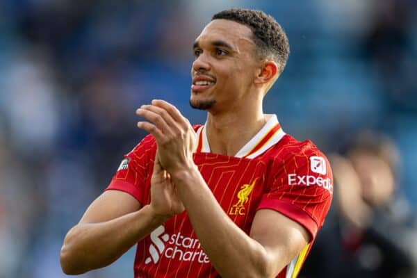 LEICESTER, ENGLAND - Sunday, April 20, 2025: Liverpool's Trent Alexander-Arnold match-winning goal-scorer celebrates after the FA Premier League match between Leicester City FC and Liverpool FC at the King Power Stadium. Liverpool won 1-0.(Photo by David Rawcliffe/Propaganda)