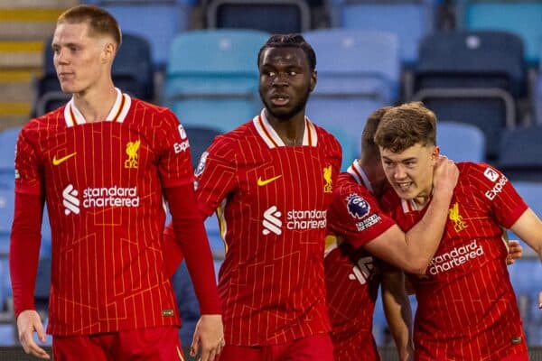 MANCHESTER, ENGLAND - Friday, April 25, 2025: Liverpool's Tommy Pilling (R) celebrates after scoring the first equalising goal during the Premier League 2 Play-Off Round of 16 match between Manchester City FC Under-21's and Liverpool FC Under-21's at the Joie Stadium. (Photo by David Rawcliffe/Propaganda)