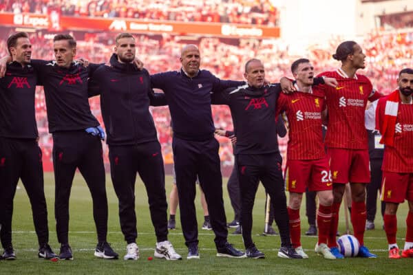 LIVERPOOL, ENGLAND - Sunday, April 27, 2025: Liverpool's head coach Arne Slot celebrates after winning the League Title after the FA Premier League match between Liverpool FC and Tottenham Hotspur FC at Anfield. Liverpool won 5-1. (Photo by David Rawcliffe/Propaganda)