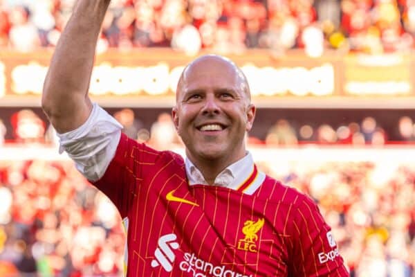 LIVERPOOL, ENGLAND - Sunday, April 27, 2025: Liverpool's head coach Arne Slot celebrates after winning the League Title after the FA Premier League match between Liverpool FC and Tottenham Hotspur FC at Anfield. Liverpool won 5-1. (Photo by David Rawcliffe/Propaganda)
