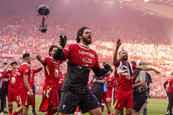 LIVERPOOL, ENGLAND - Sunday, April 27, 2025: Liverpool's goalkeeper Alisson Becker celebrates after winning the League Title after the FA Premier League match between Liverpool FC and Tottenham Hotspur FC at Anfield. Liverpool won 5-1. (Photo by David Rawcliffe/Propaganda)